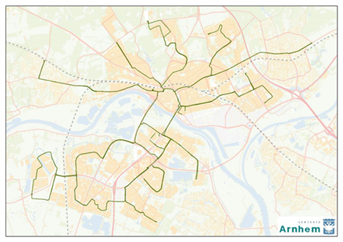  Afbeelding: het trolleynetwerk in gemeente Arnhem, gemeente Renkum en Velp (gemeente Rheden) 